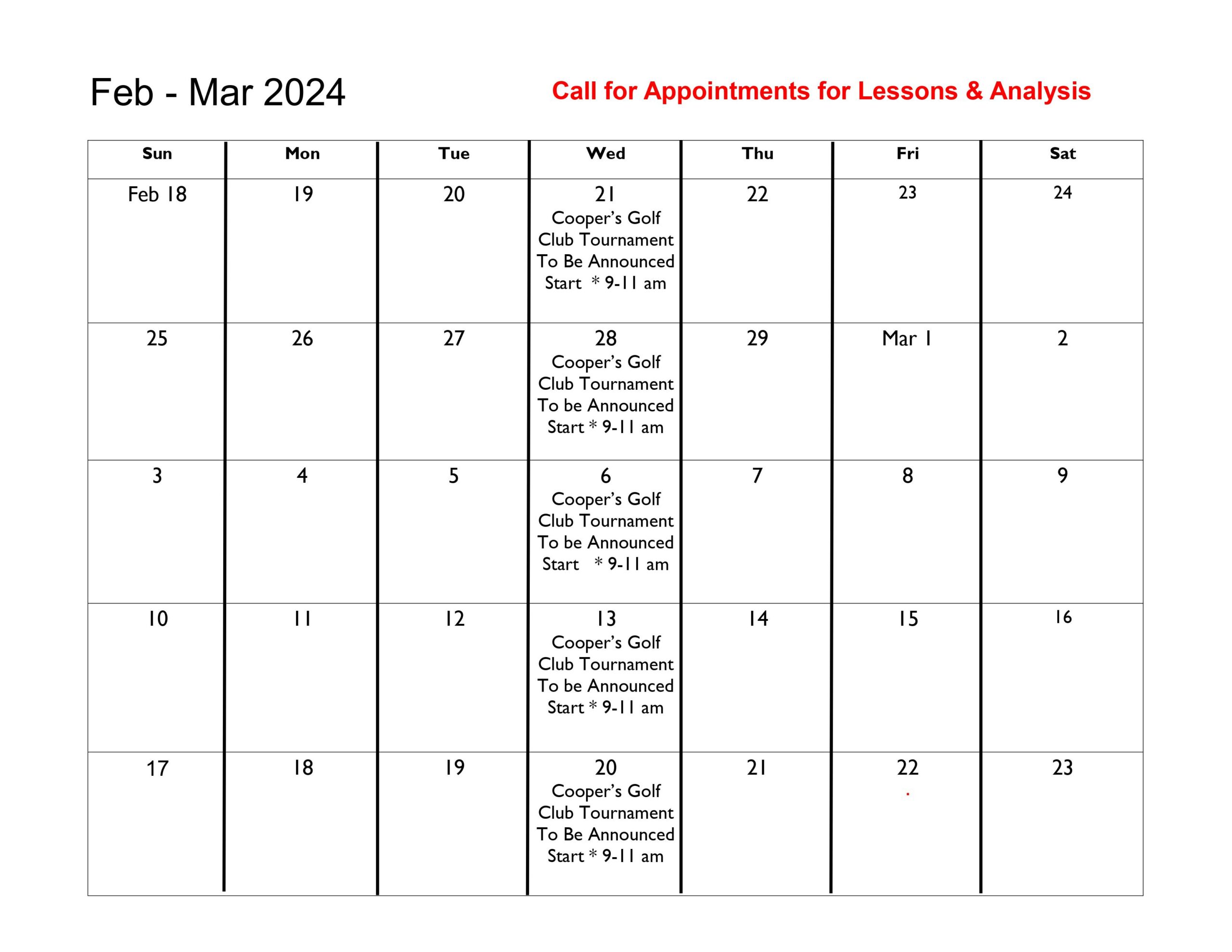 Marlow's Discount Golf and Schools Event Calendar